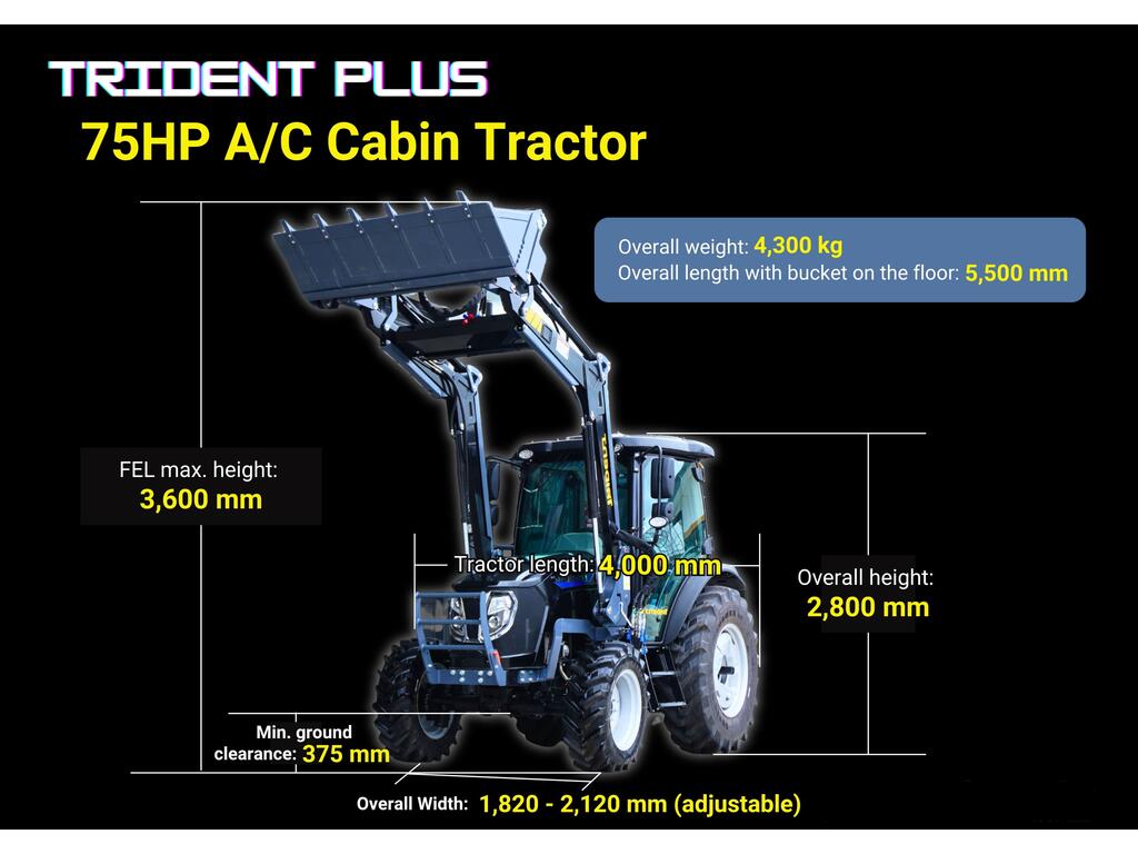 Trident Plus Synchromesh Model 75HP 4WD A/C Cabin Tractor with 4-in-1 Bucket (4,300kg Gross Weight) - Image 3